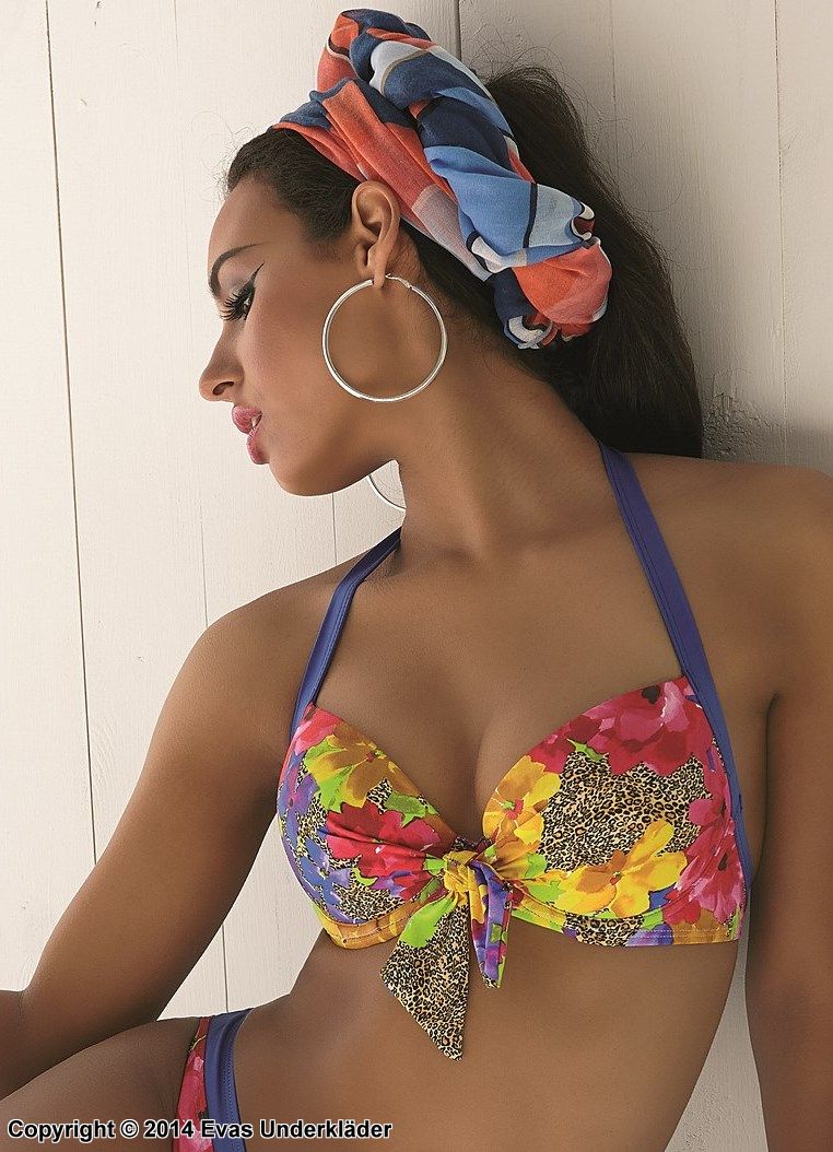 Bikini top with real bra cups, halterneck, colorful flowers